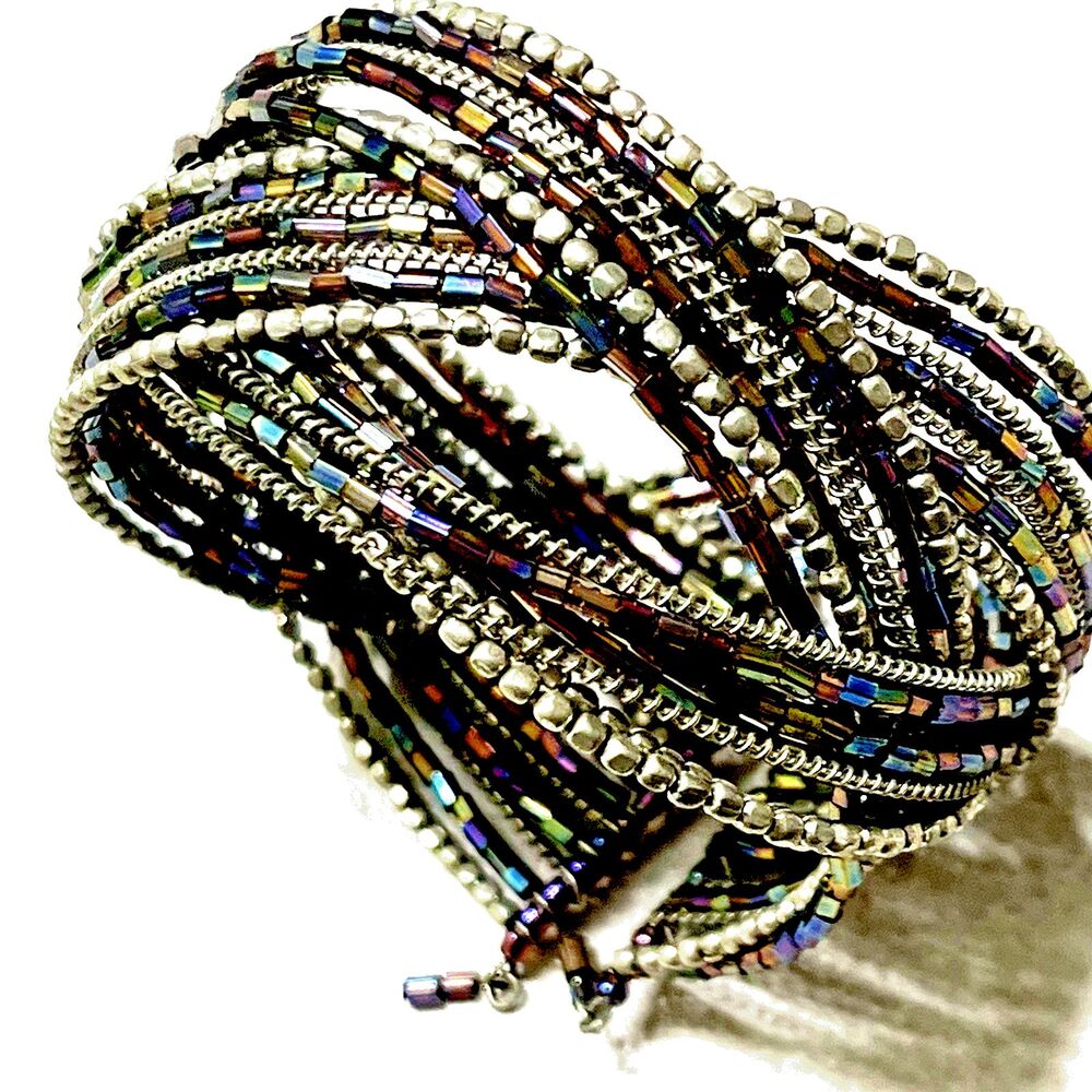 Vintage Beaded Multi Strand Cuff Bracelet Featuring Gray & Silver Beads